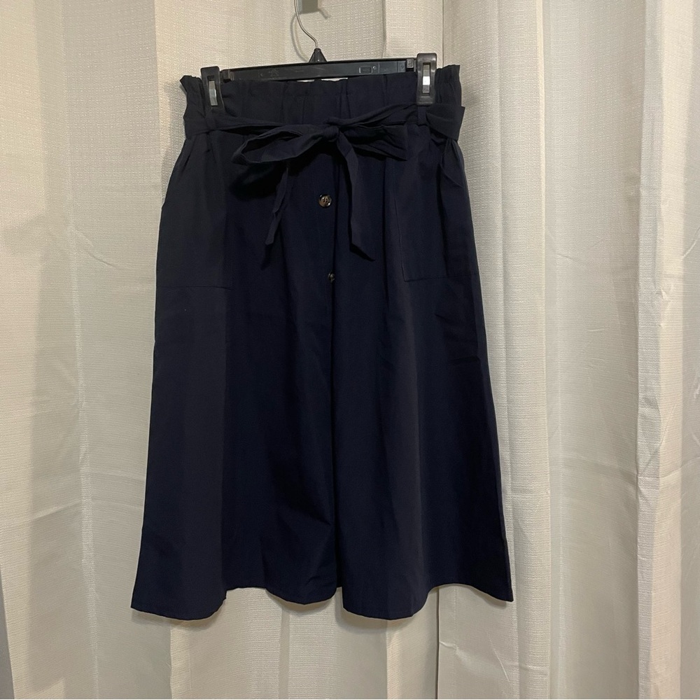 SHEIN Navy A-Line Skirt Button detail Front Tie Elastic Waist‎ Size Large L